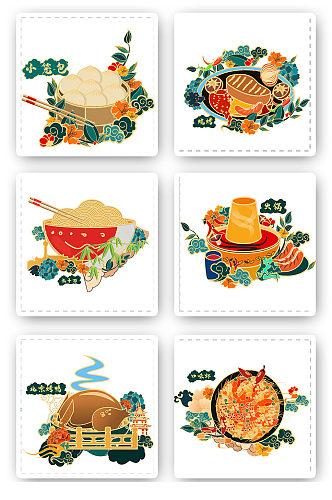 北京烤鸭火锅小笼包美食插画