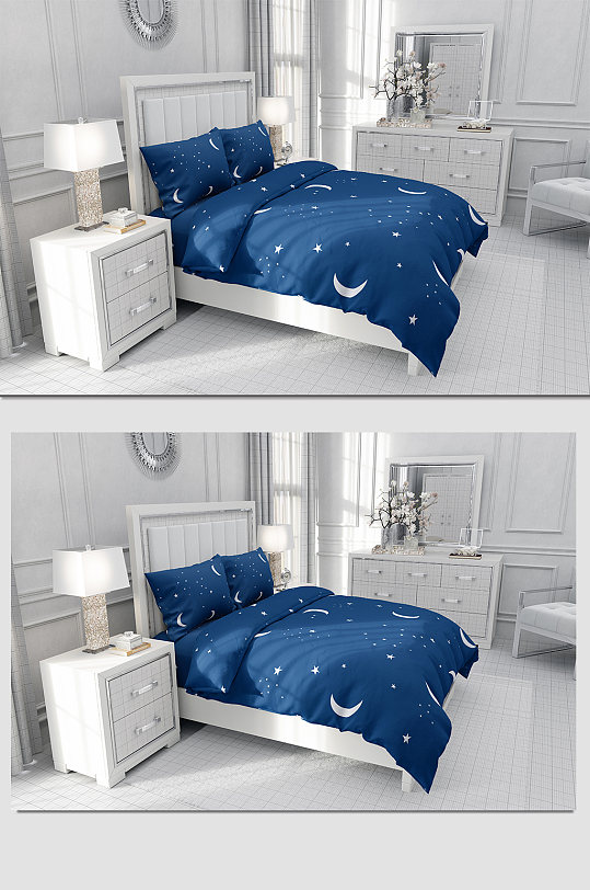 蓝白床单床上用品贴图样机