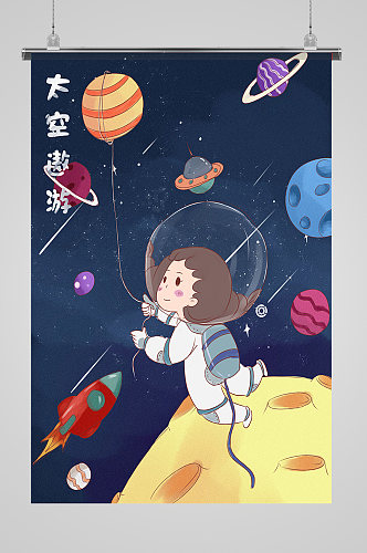 太空卡通宇航员手绘插画