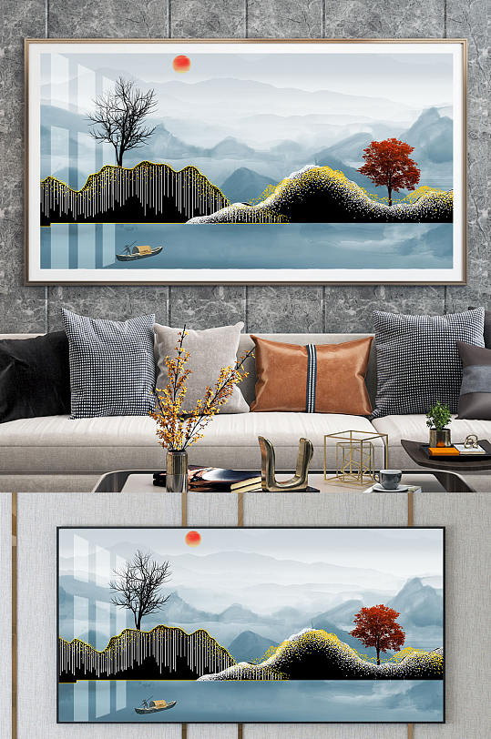 新中式抽象山水麋鹿装饰画-众图网