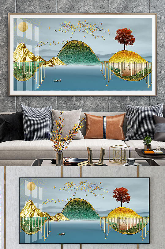 新中式抽象山水麋鹿装饰画-众图网