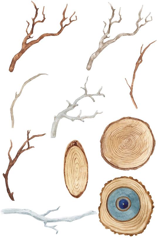 水彩手绘森系树木枝叶PNG免抠素材