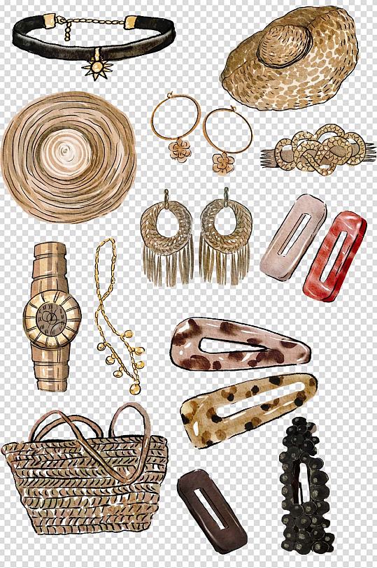 夏日女性配饰草帽手表耳环手账免抠素材