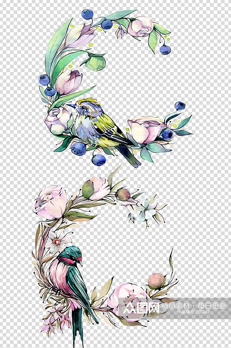 手绘水彩高清花鸟花卉组合花环设计免抠素材