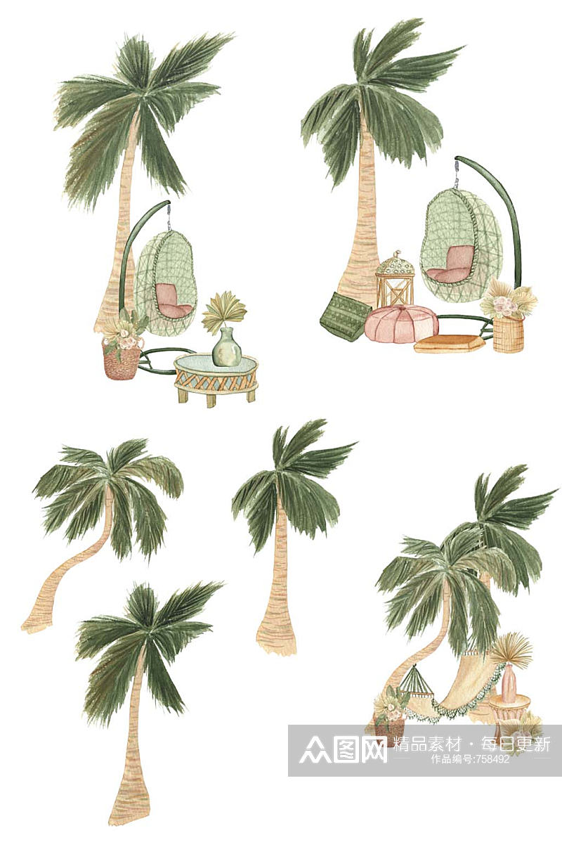 水彩手绘椰子树度假海滩风免抠PNG素材