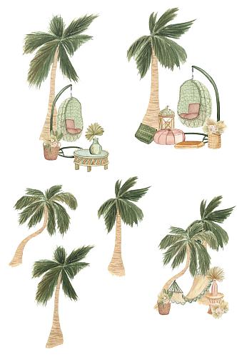 水彩手绘椰子树度假海滩风免抠PNG