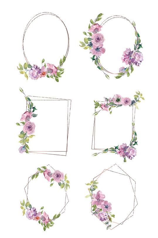 紫粉色婚礼手绘花卉金属框PNG免抠装饰