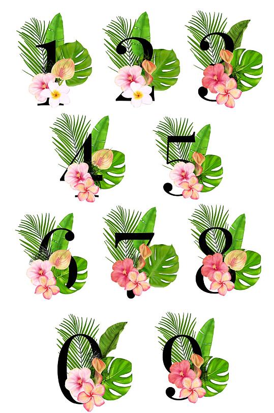 夏威夷绿色棕榈叶花卉组合设计数字免抠素材
