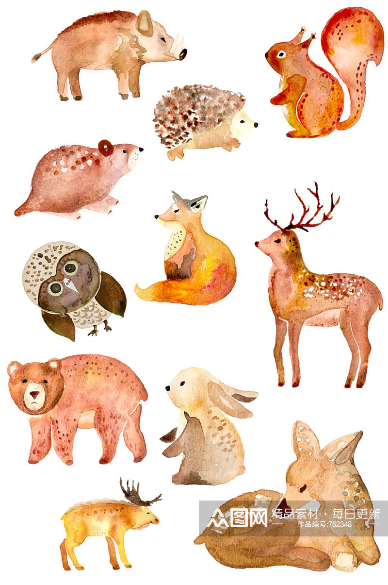手绘水彩森系小动物鹿猪兔松鼠免抠手账素材素材