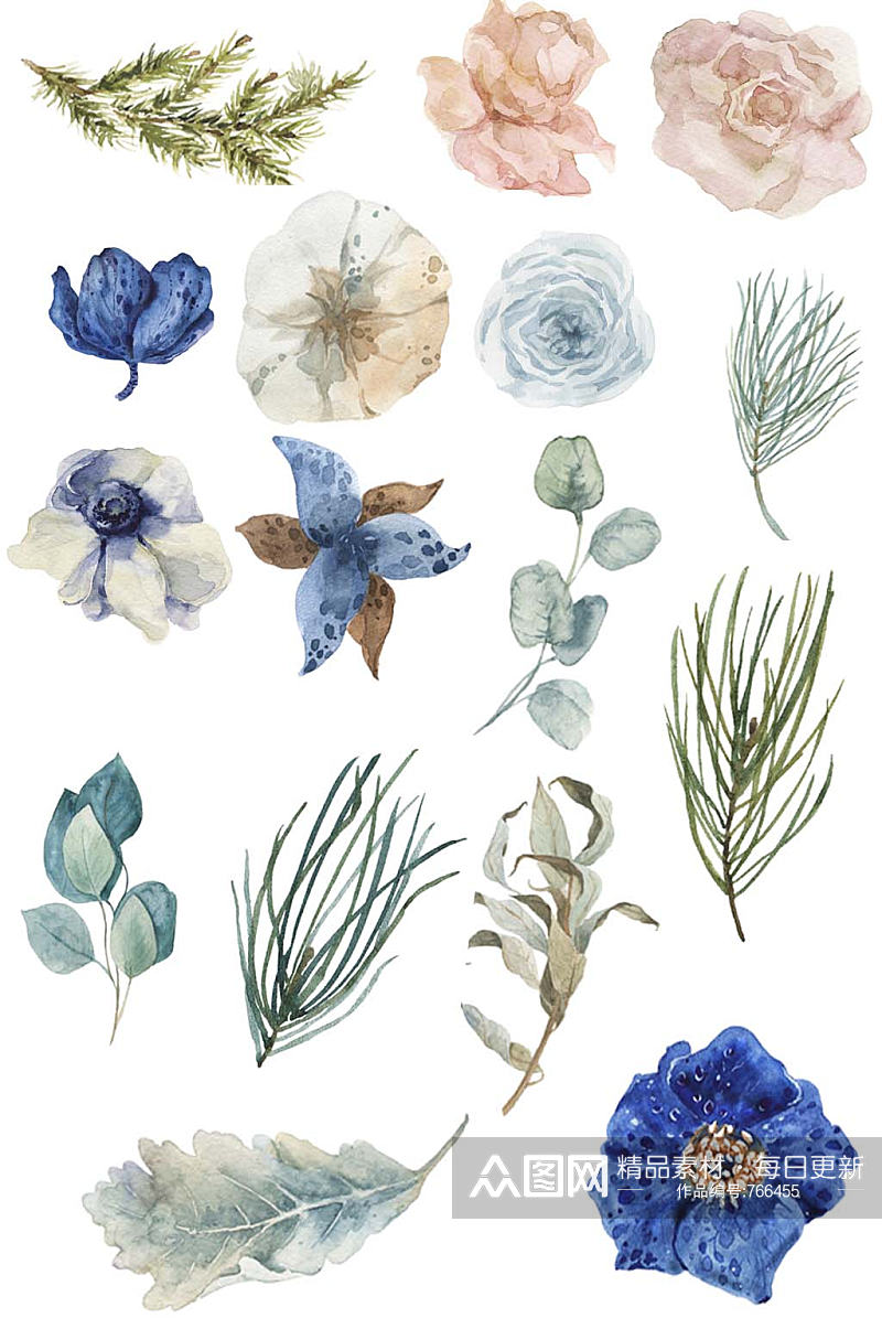 蓝色水绿手绘水彩花卉枝叶免抠素材素材