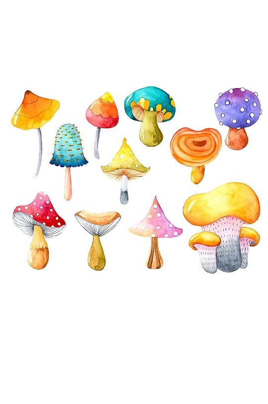 手绘水彩蘑菇可爱小植物EPS矢量素材