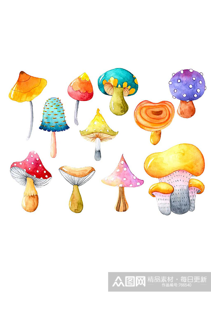 手绘水彩蘑菇可爱小植物EPS矢量素材素材