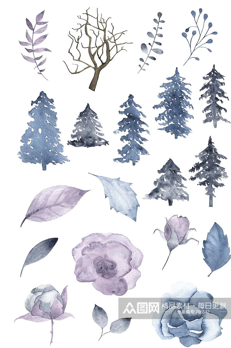手绘蓝紫色森系淡雅花朵花卉枝叶PNG免抠素材