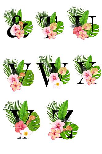 夏威夷绿色棕榈叶花卉组合设计英文免抠素材