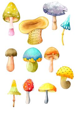 手绘水彩矢量EPS可爱小蘑菇设计海报素材