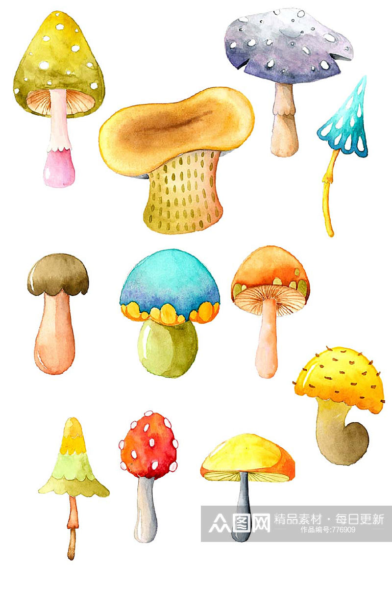 手绘水彩矢量EPS可爱小蘑菇设计海报素材素材