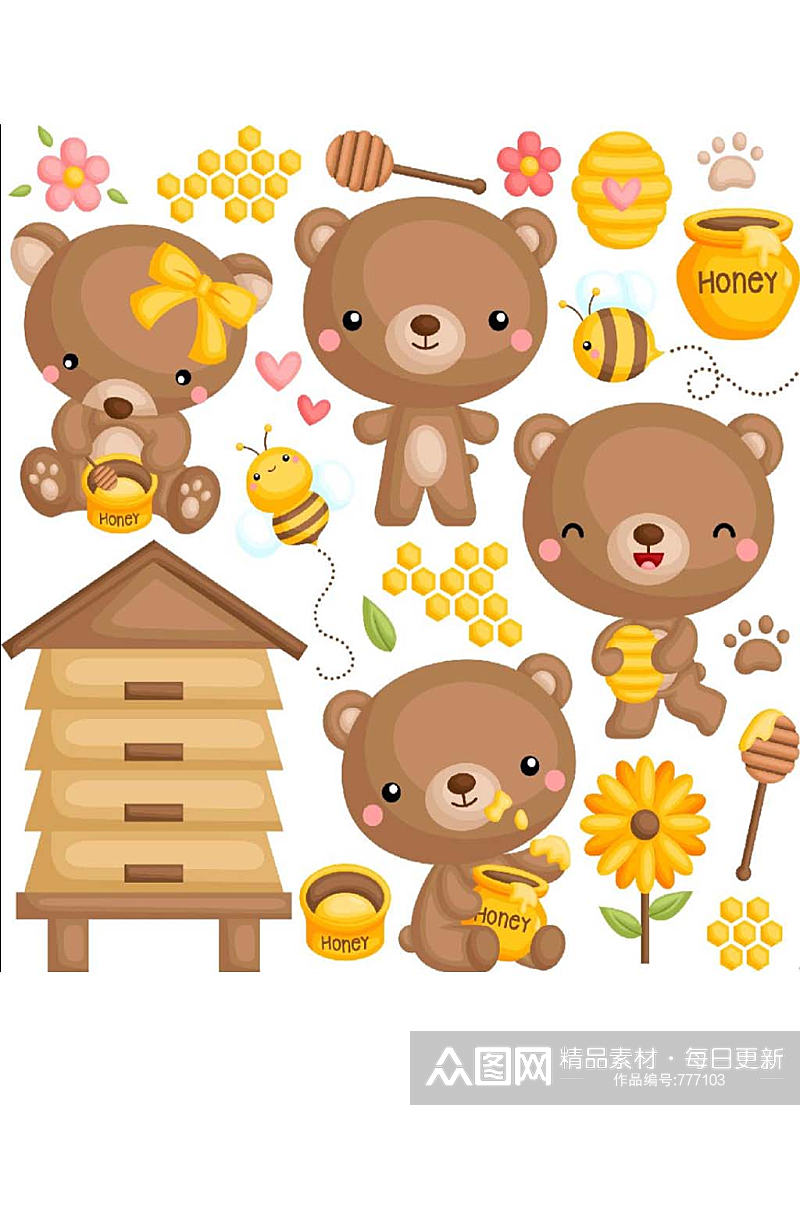 可爱卡通小熊蜂蜜免抠EPS装饰海报素材素材