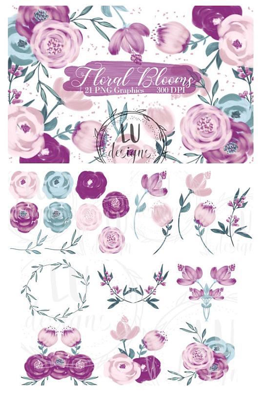 手绘粉紫色花卉玫瑰卡片免抠PNG设计素材