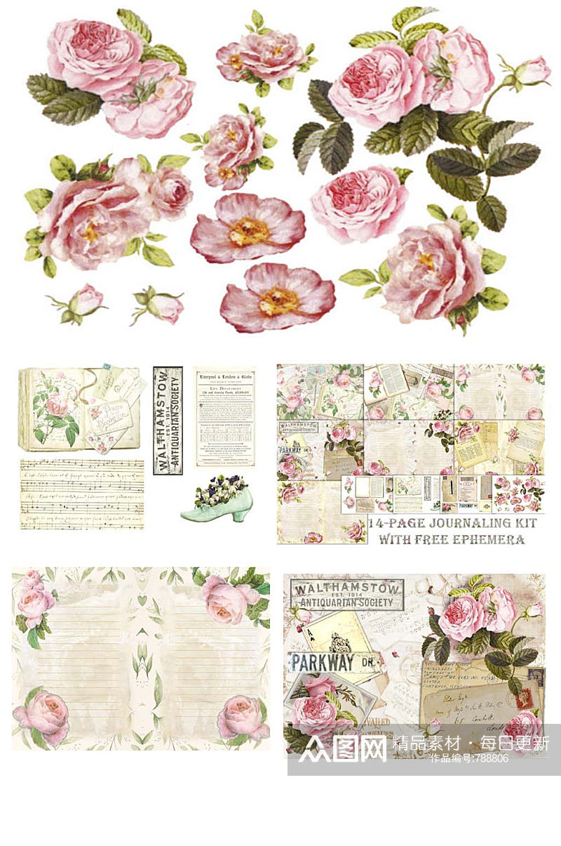 复古玫瑰旧报纸卡片免抠装饰海报素材素材