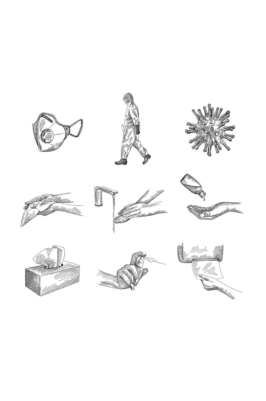 手绘素描画EPS医护人员病毒酒精喷雾素材素材