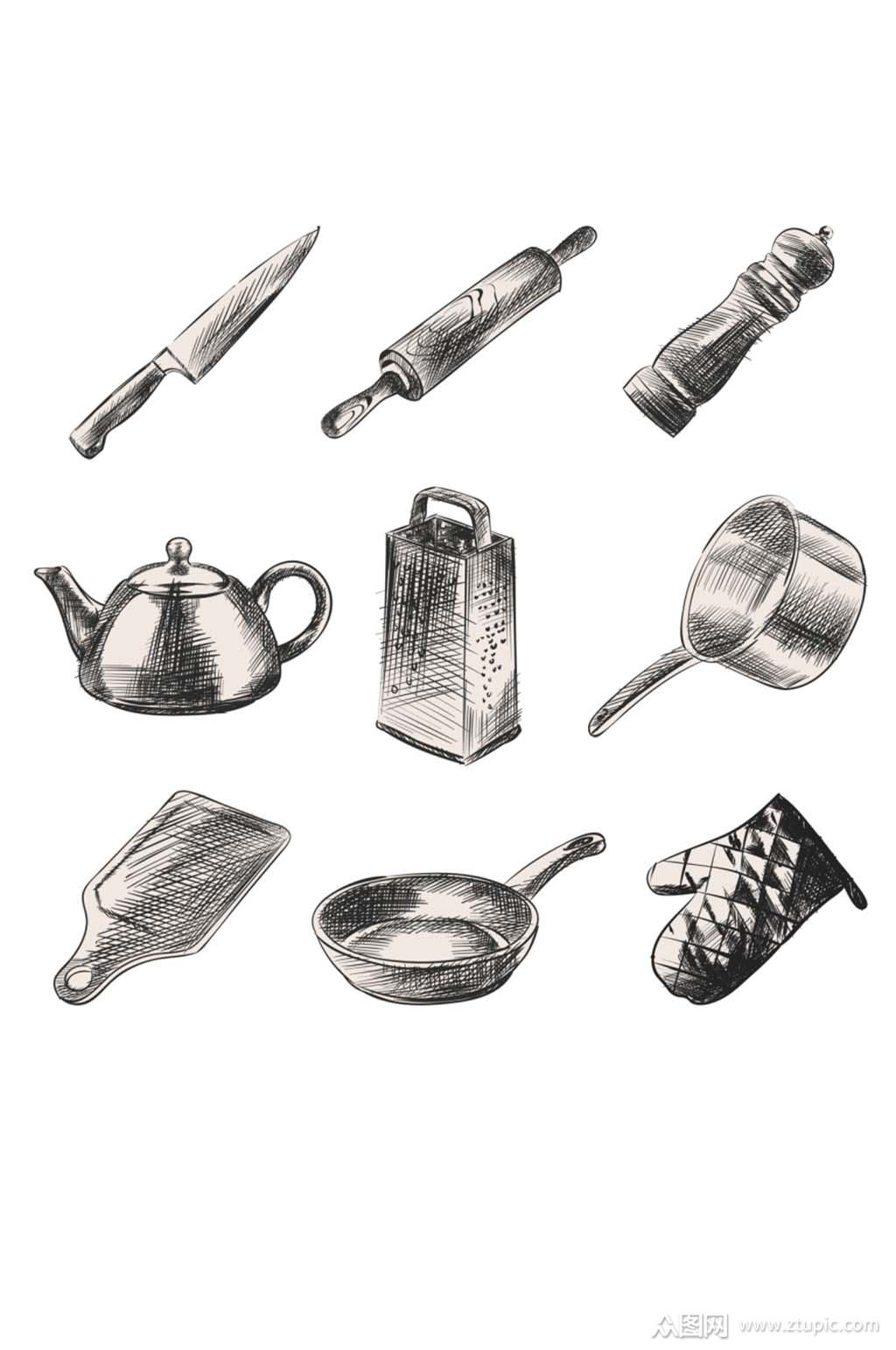 手绘线稿素描画实用工具小刀手套厨具素材素材