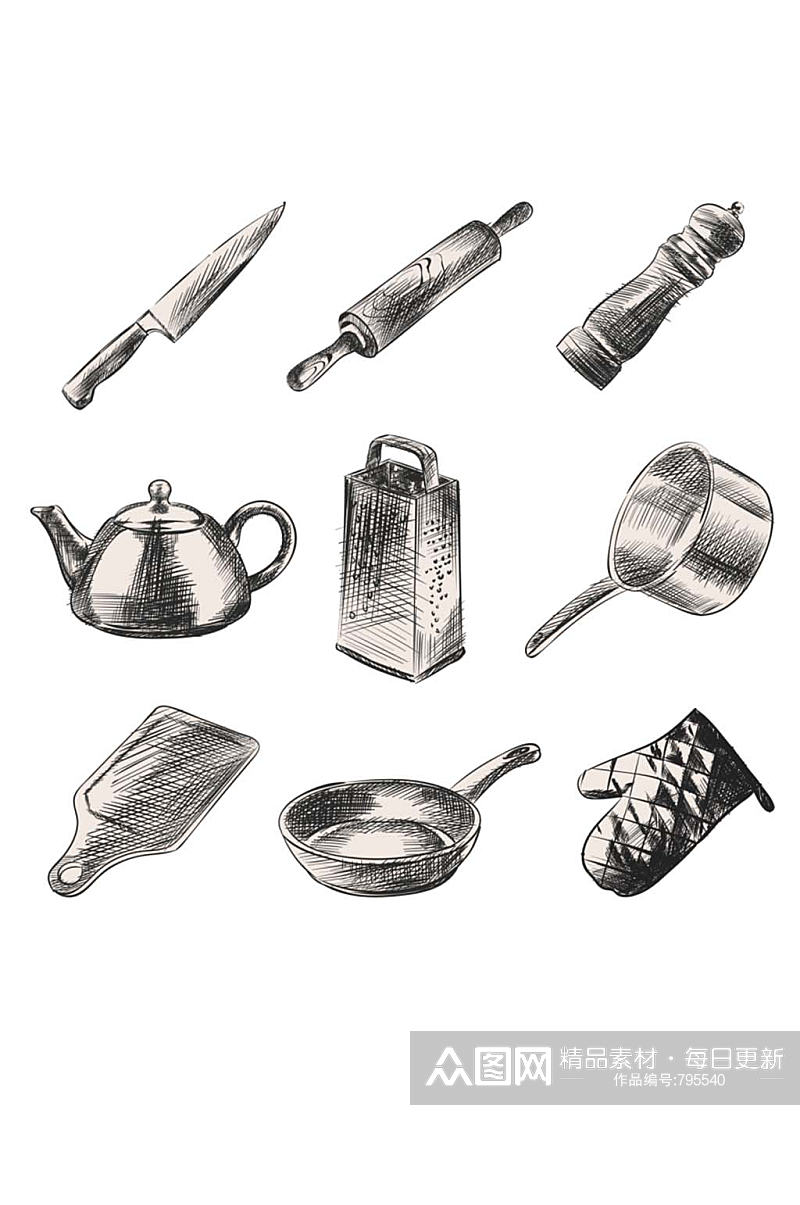 手绘线稿素描画实用工具小刀手套厨具素材素材