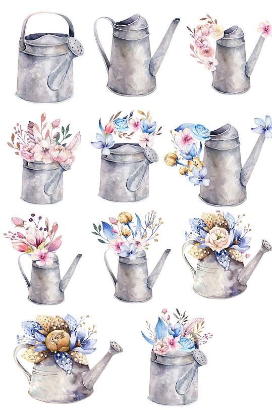 唯美手绘水彩花洒水壶装饰免抠设计素材