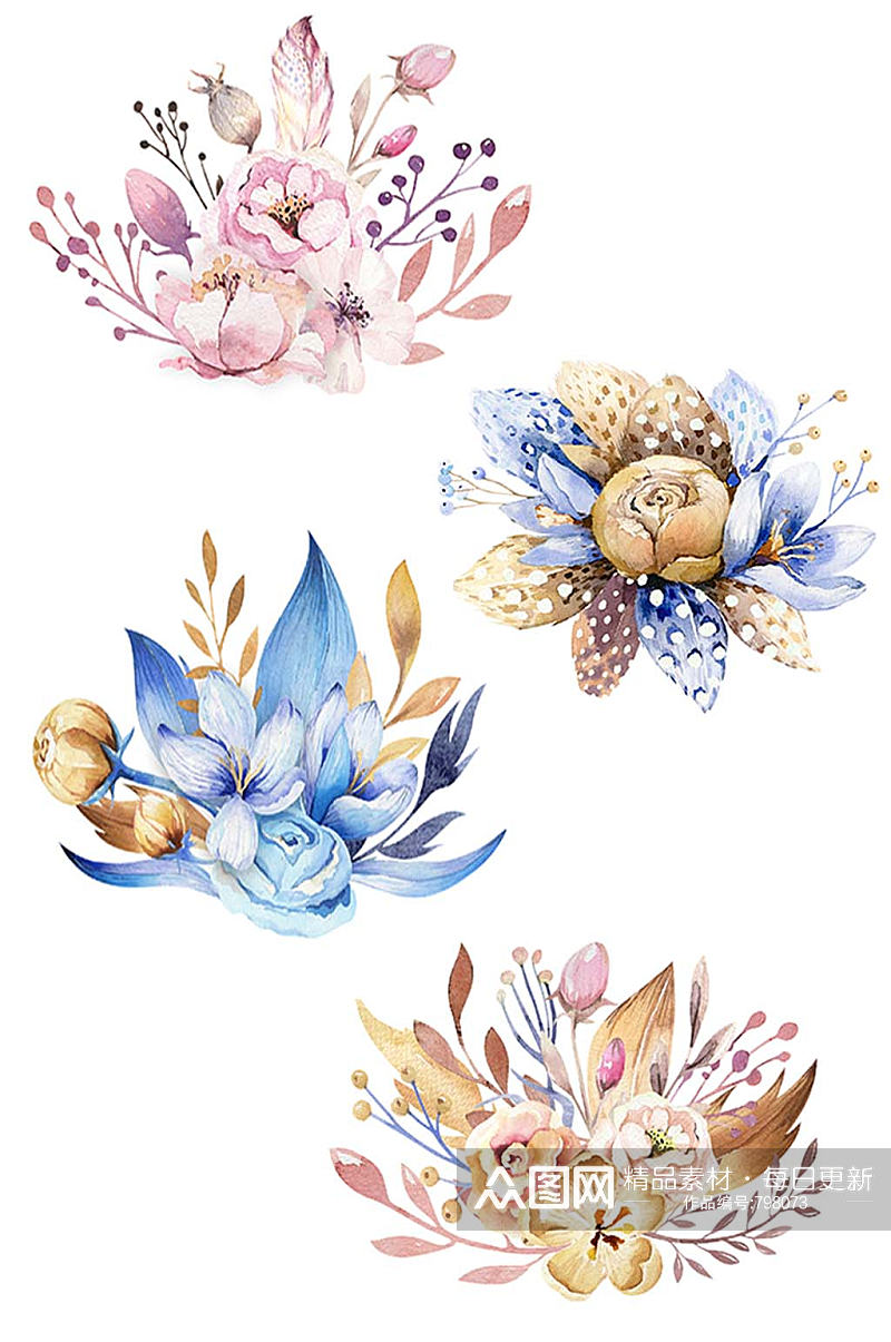 手绘水彩花卉羽毛叶子组合花束免抠素材素材