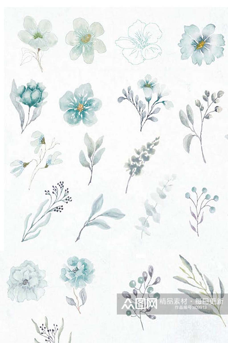 素雅蓝绿色水彩花卉免抠元素装饰设计素材