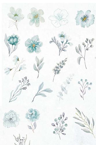 素雅蓝绿色水彩花卉免抠元素装饰设计