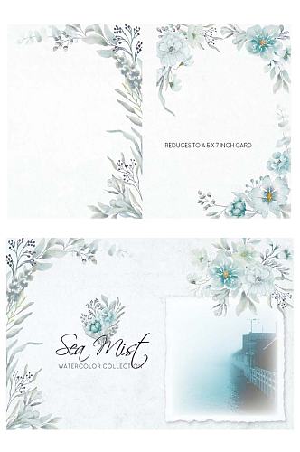 素雅蓝绿色水彩花卉花边花框免抠设计卡片