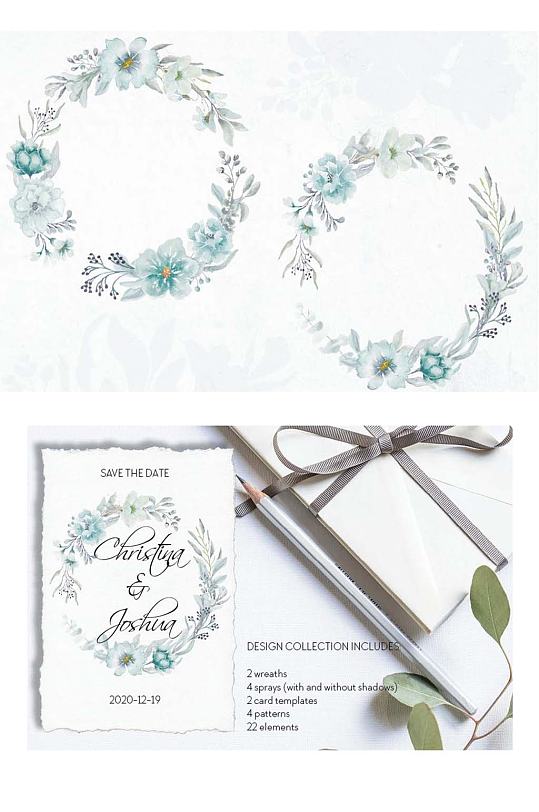 素雅蓝绿色水彩花卉装饰花环卡片设计免抠图