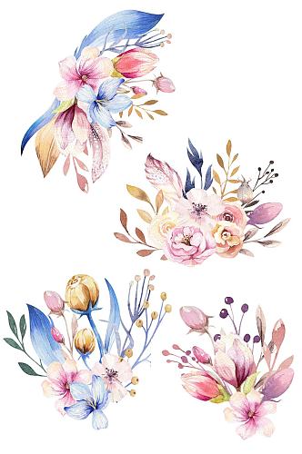 手绘水彩花卉羽毛叶子组合装束免抠素材