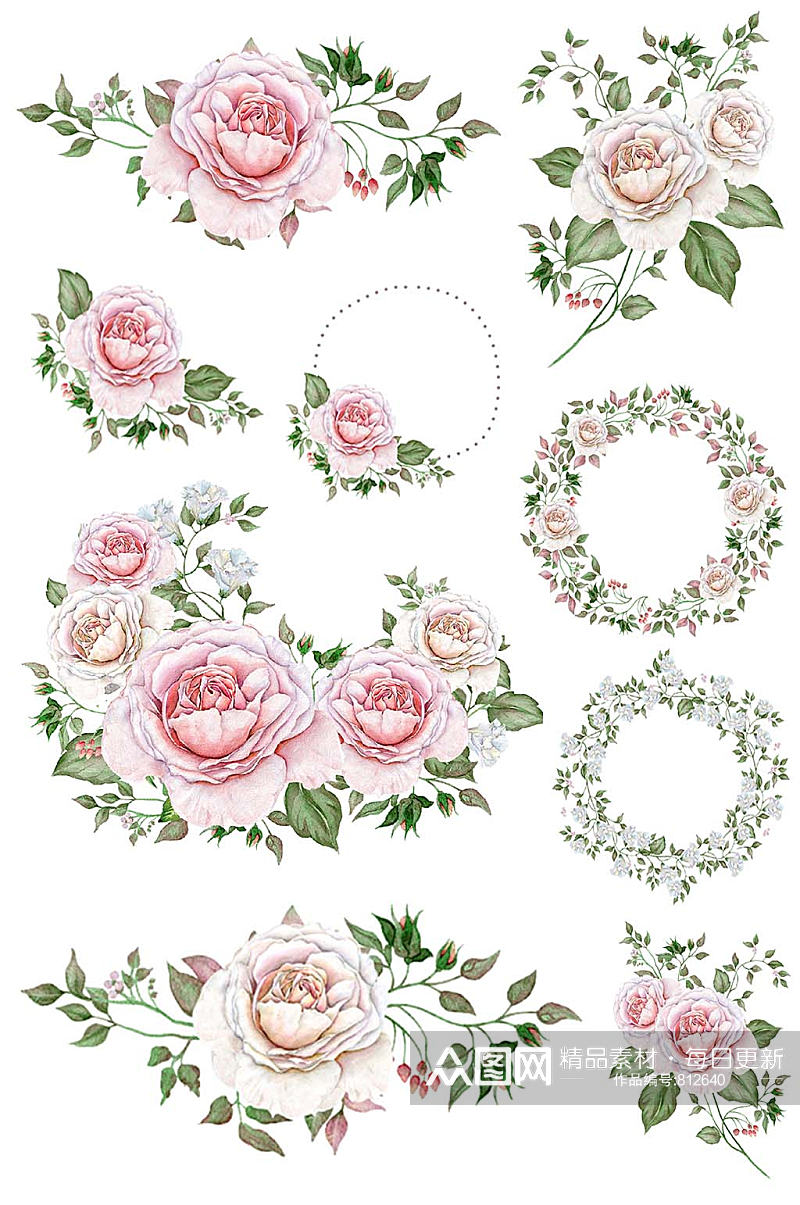 手绘玫瑰花卉枝叶花环设计免抠卡片素材素材
