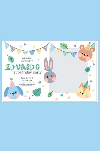 蓝色狗兔小熊宝宝生日卡片相框矢量设计素材