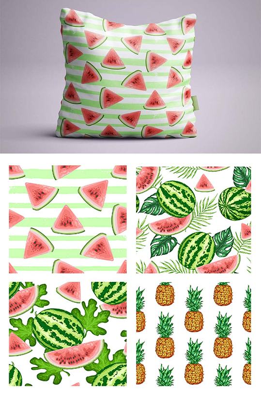 西瓜菠萝水彩水果拼接印刷平铺包装设计素材