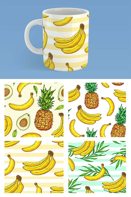 香蕉牛油果菠萝水果拼接印刷平铺包装素材