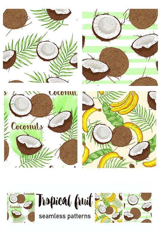 香蕉椰子水果拼接印刷平铺矢量设计素材