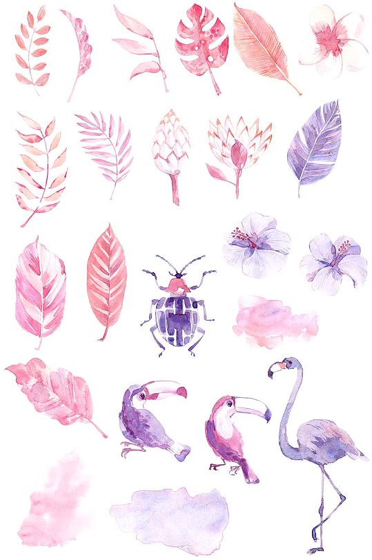 水彩粉紫色火烈鸟夏威夷免抠设计装饰素材