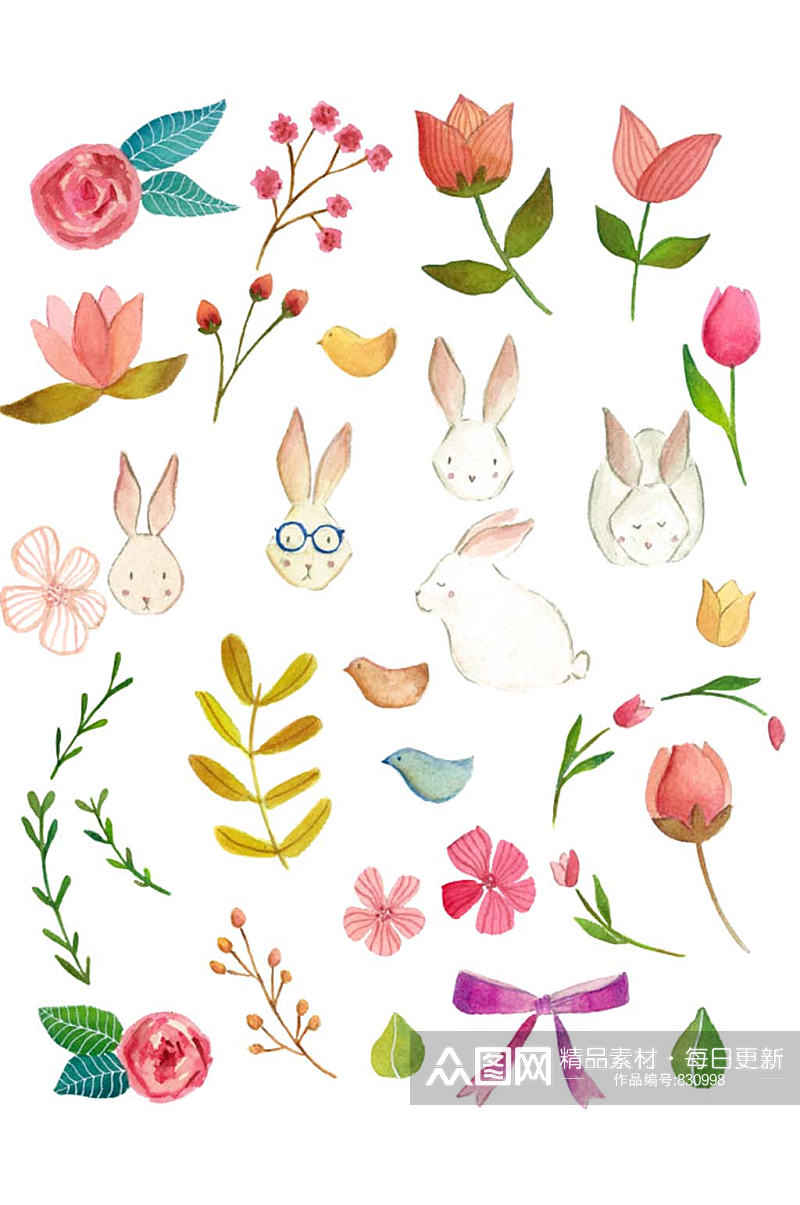 水彩复活节可爱兔子免抠PSD分层设计素材