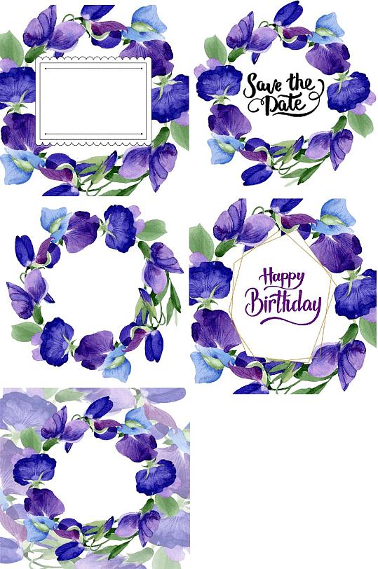 紫色手绘水彩紫罗兰花框卡片免抠设计素材