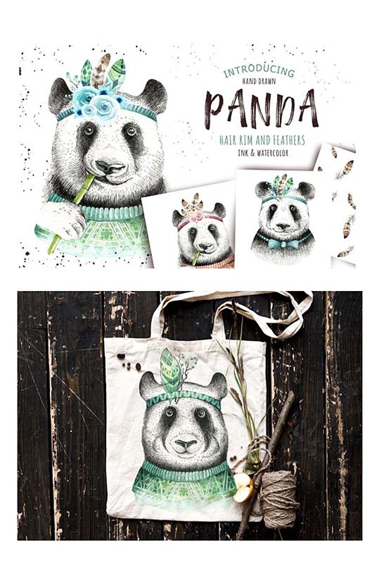 手绘水彩熊猫头像矢量免抠PNG设计素材