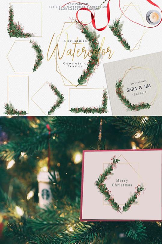 圣诞节金色边框松枝装饰免抠卡片设计图案