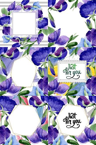 紫色手绘水彩紫罗兰花框卡片免抠设计素材