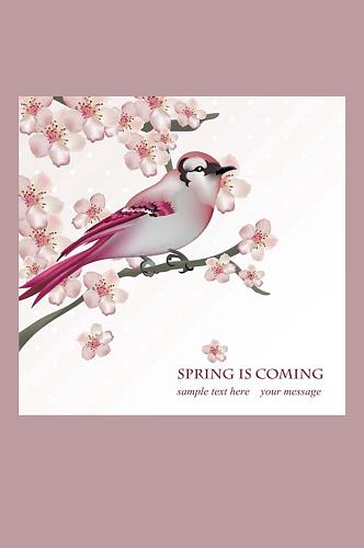 水彩粉色小鸟春天花卉快乐矢量海报设计素材