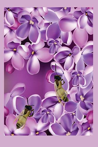 紫色花卉蜜蜂春天矢量海报设计素材