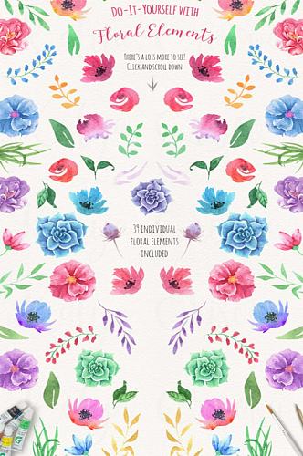 手绘水粉彩色花卉叶子免抠元素设计装饰素材