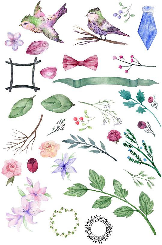 手绘水彩花鸟枝叶免抠卡片设计素材