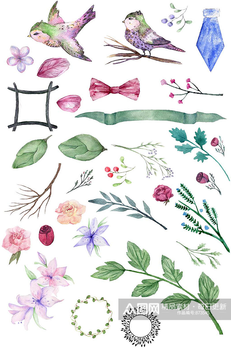 手绘水彩花鸟枝叶免抠卡片设计素材素材