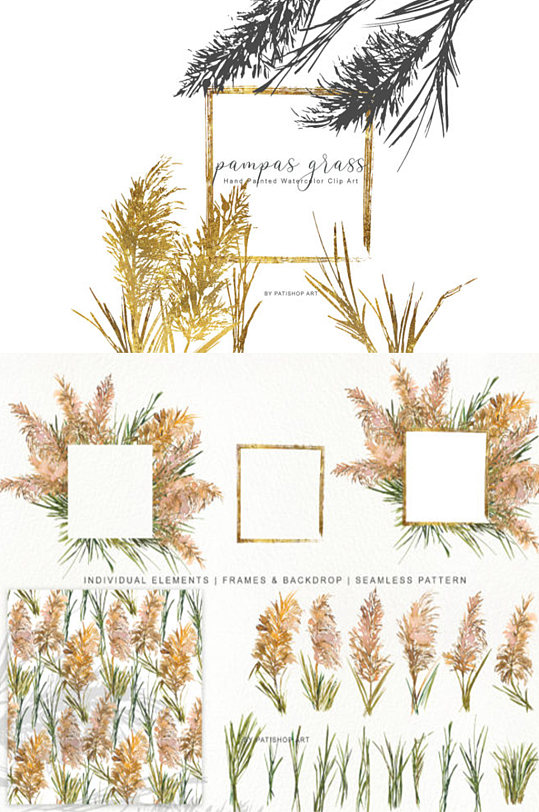 蒲苇草手绘水彩装饰图案png免抠设计素材